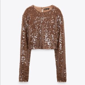 NWT Zara Sequin Crop Top - Brown/Taupe